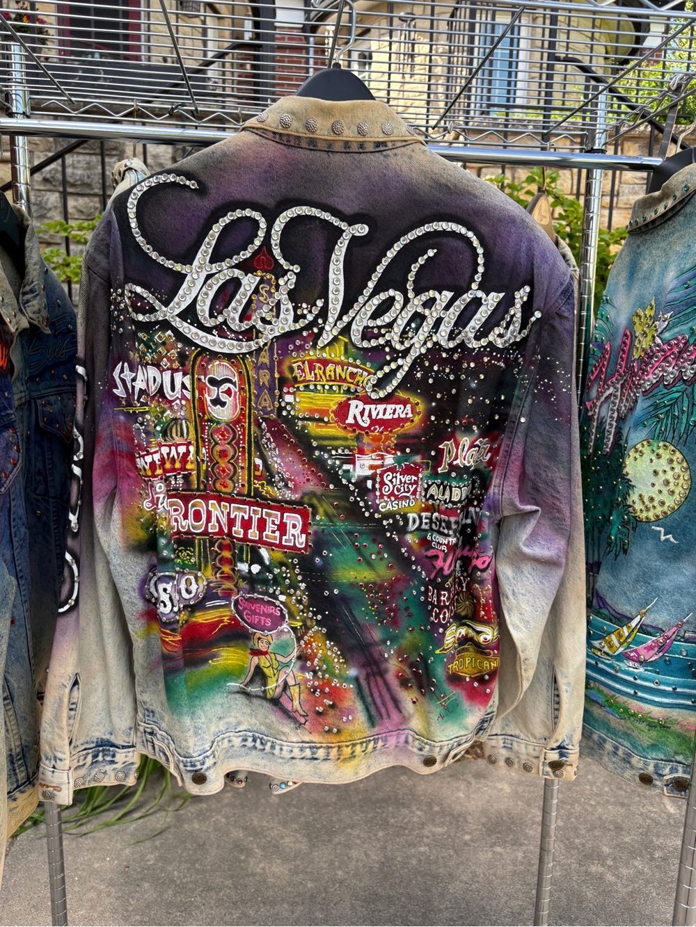 Vintage Tony Alamo 1987 LAS VEGAS Denim Painted Jacket Double Chest Pocket Large